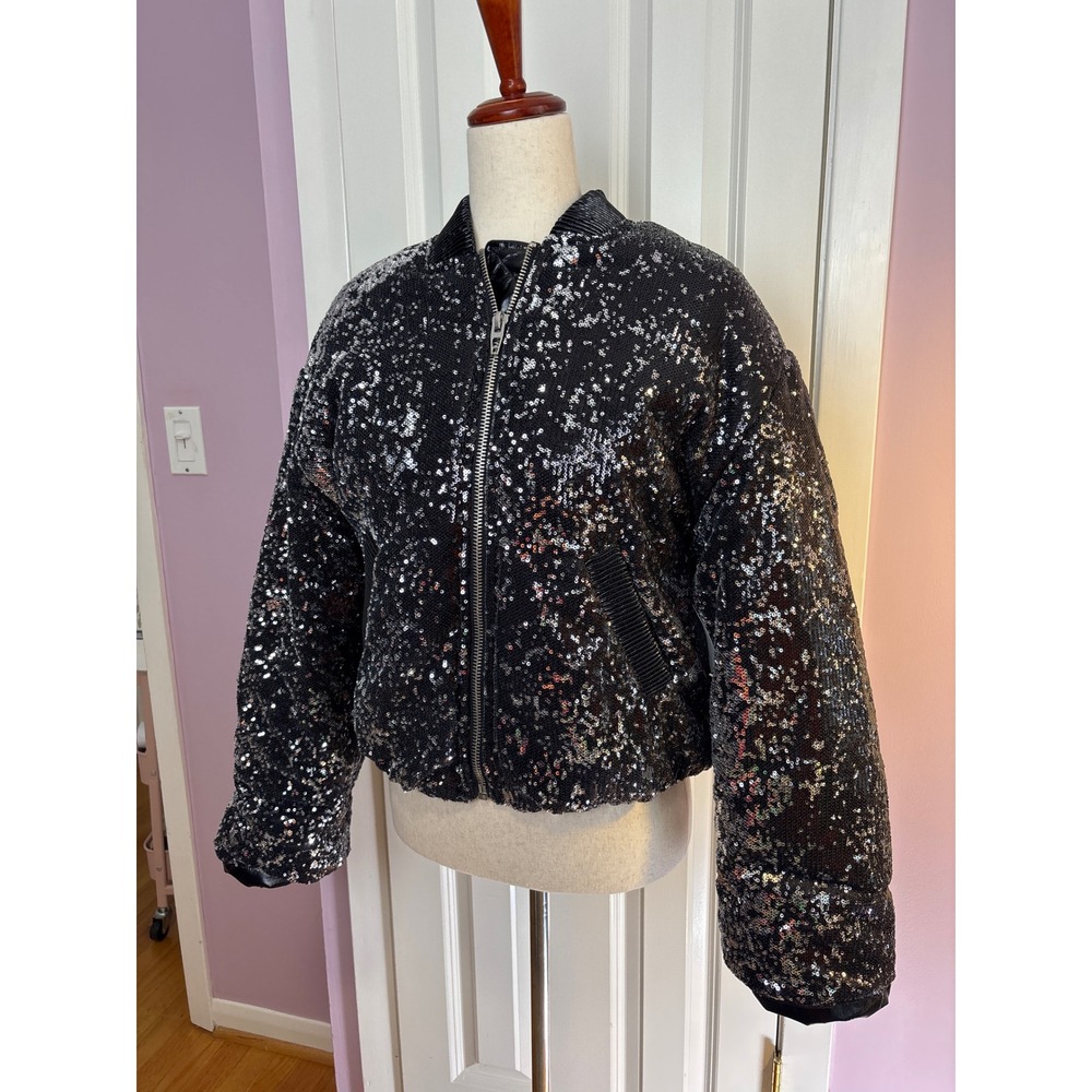 BLANKNYC Sequin Bomber‎ Jacket Womens Black Silver Full Zip Casual XS